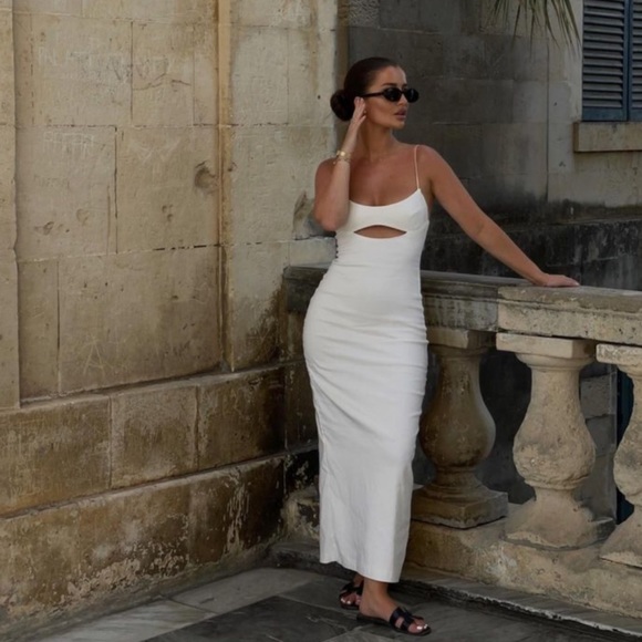 ZARA Stretch Oyster White Linen Blend Cut Out Midi Maxi Dress $79.90 - Picture 12 of 17